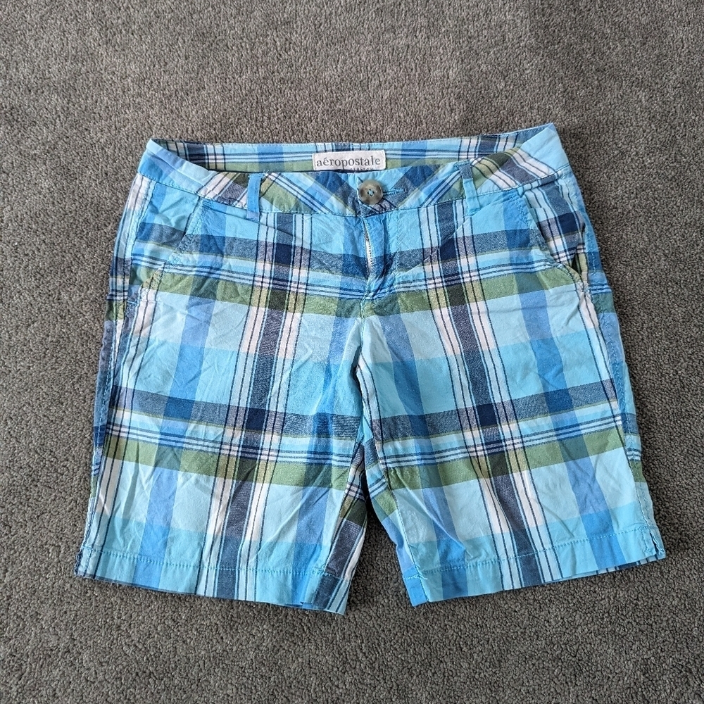 Aeropostale Boy's Plaid Shorts Size 7 8 Years Old Blue Cotton